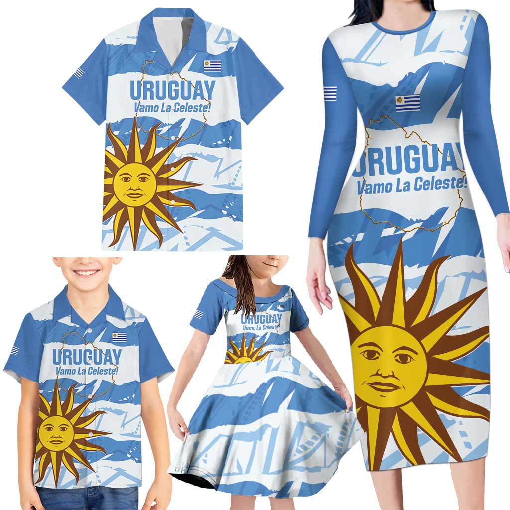 Custom Uruguay Football Family Matching Long Sleeve Bodycon Dress and Hawaiian Shirt Vamo La Celeste
