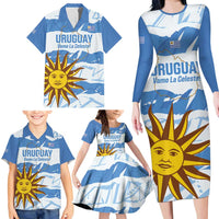 Custom Uruguay Football Family Matching Long Sleeve Bodycon Dress and Hawaiian Shirt Vamo La Celeste