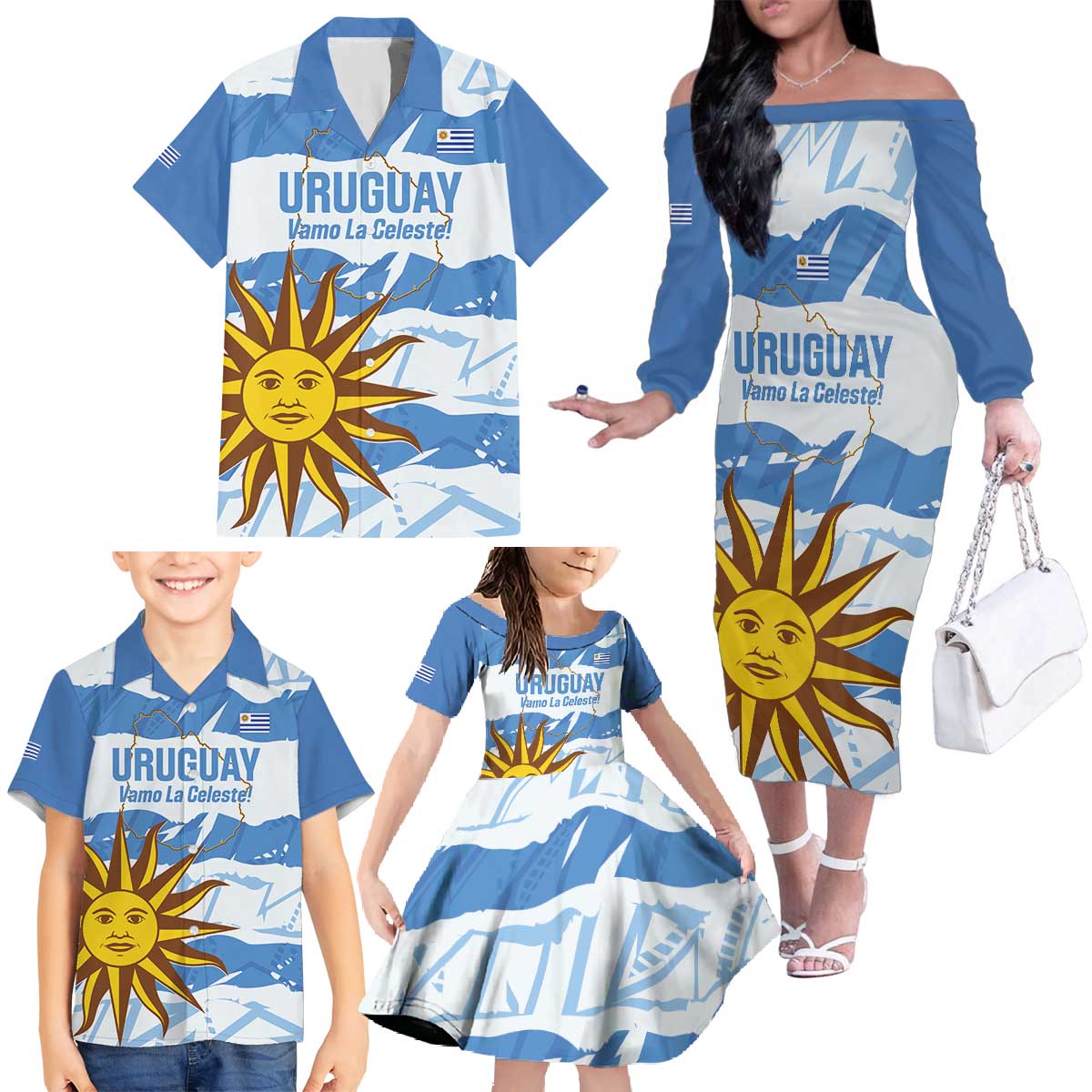 Custom Uruguay Football Family Matching Off The Shoulder Long Sleeve Dress and Hawaiian Shirt Vamo La Celeste
