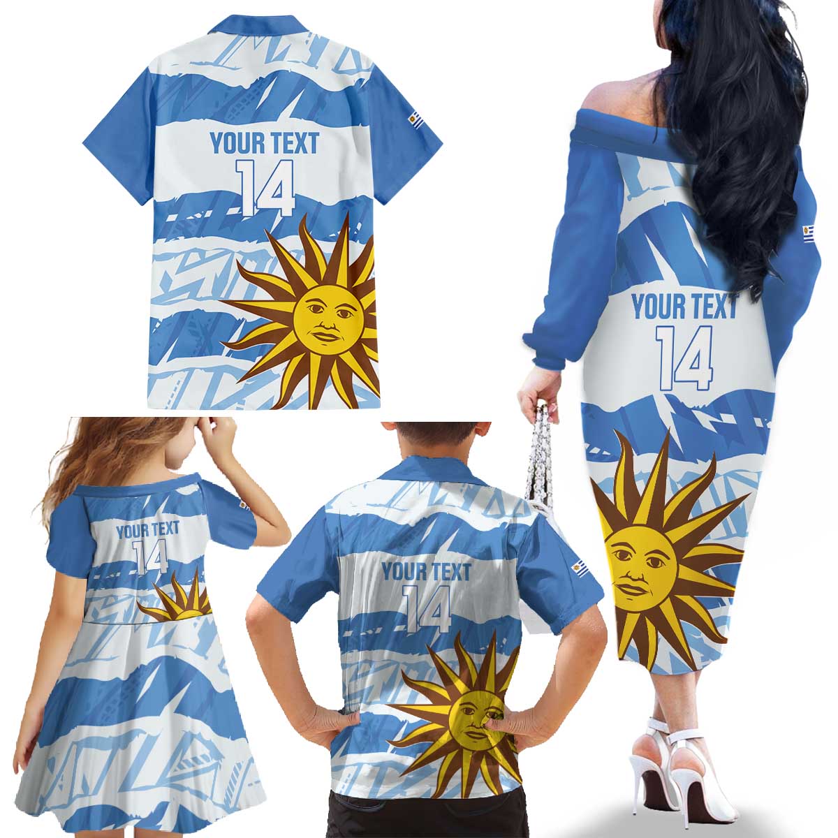 Custom Uruguay Football Family Matching Off The Shoulder Long Sleeve Dress and Hawaiian Shirt Vamo La Celeste