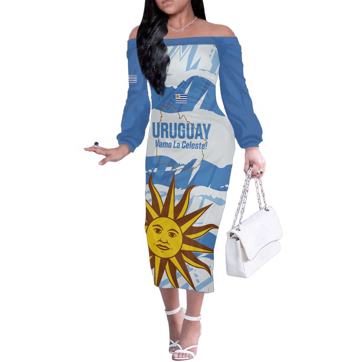 Custom Uruguay Football Family Matching Off The Shoulder Long Sleeve Dress and Hawaiian Shirt Vamo La Celeste