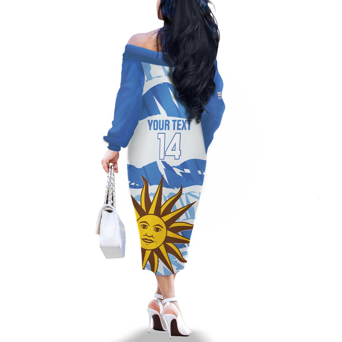 Custom Uruguay Football Family Matching Off The Shoulder Long Sleeve Dress and Hawaiian Shirt Vamo La Celeste