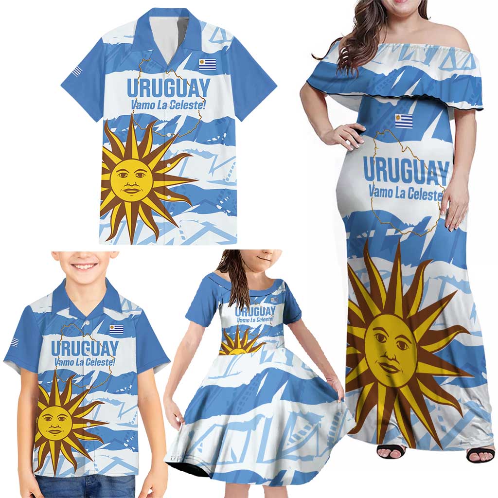Custom Uruguay Football Family Matching Off Shoulder Maxi Dress and Hawaiian Shirt Vamo La Celeste