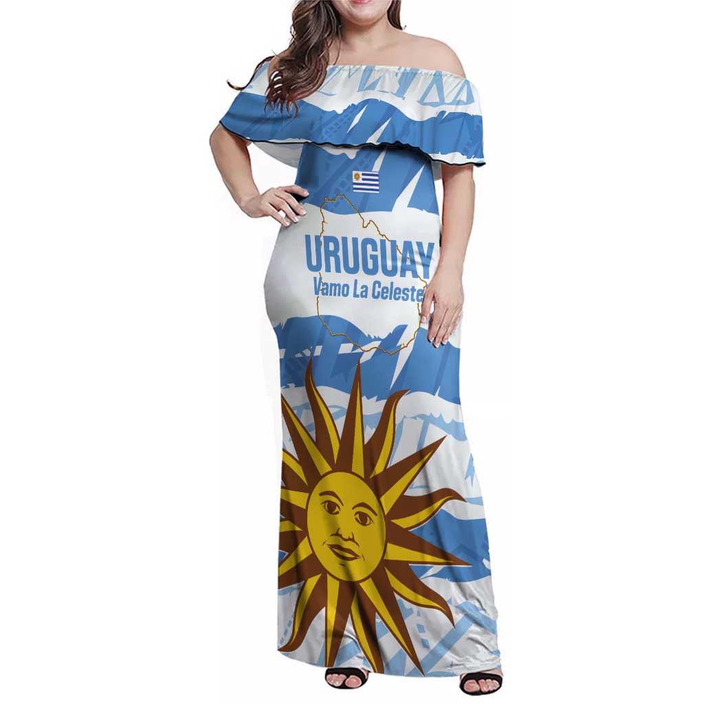 Custom Uruguay Football Family Matching Off Shoulder Maxi Dress and Hawaiian Shirt Vamo La Celeste