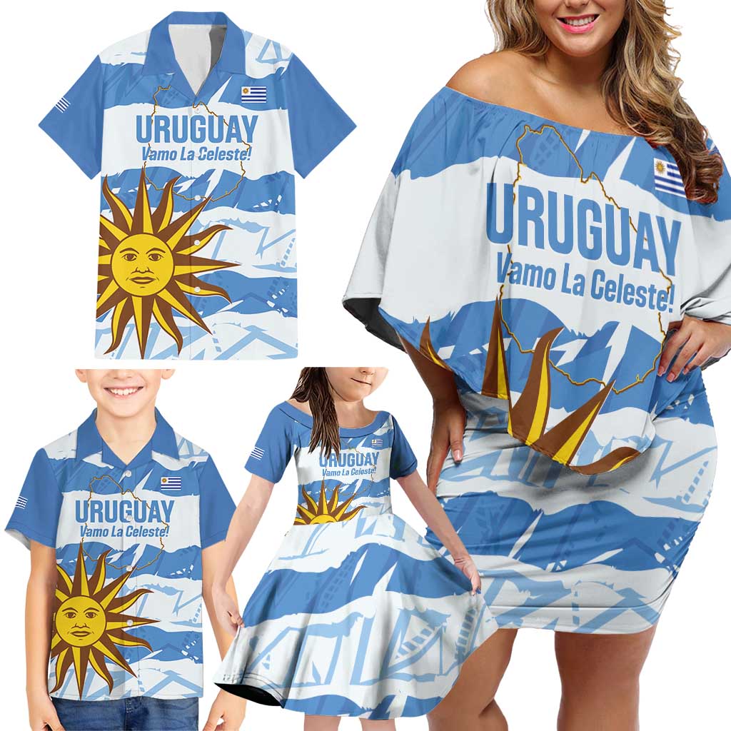 Custom Uruguay Football Family Matching Off Shoulder Short Dress and Hawaiian Shirt Vamo La Celeste