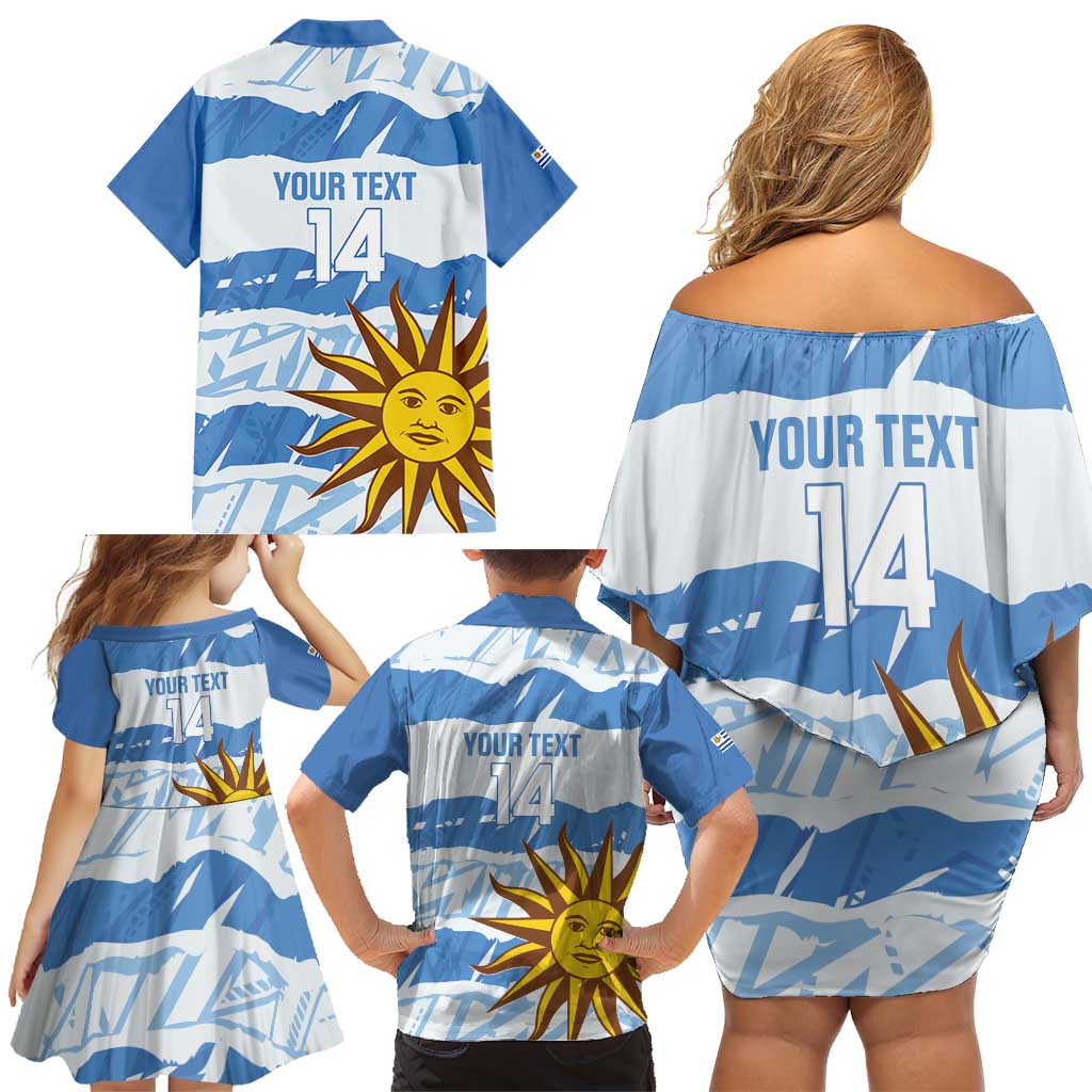 Custom Uruguay Football Family Matching Off Shoulder Short Dress and Hawaiian Shirt Vamo La Celeste