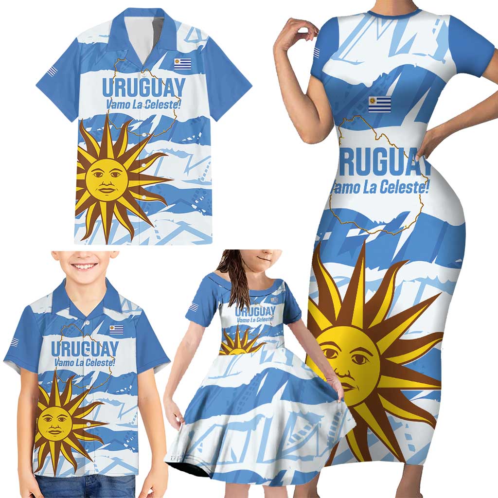 Custom Uruguay Football Family Matching Short Sleeve Bodycon Dress and Hawaiian Shirt Vamo La Celeste