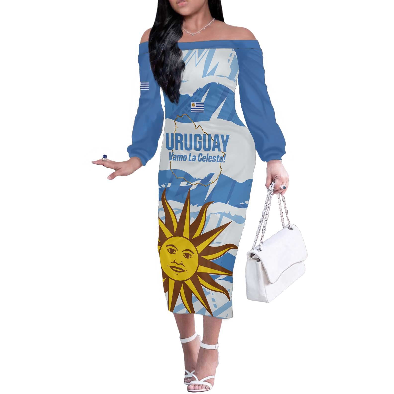Custom Uruguay Football Off The Shoulder Long Sleeve Dress Vamo La Celeste