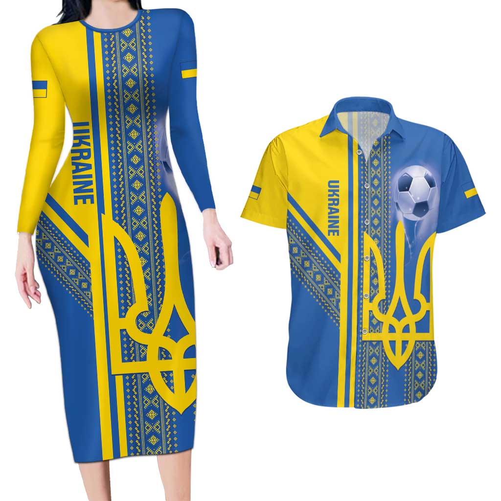 Custom Ukraine Football Couples Matching Long Sleeve Bodycon Dress and Hawaiian Shirt Go Blue And Yellow Folk Pattern