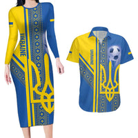 Custom Ukraine Football Couples Matching Long Sleeve Bodycon Dress and Hawaiian Shirt Go Blue And Yellow Folk Pattern