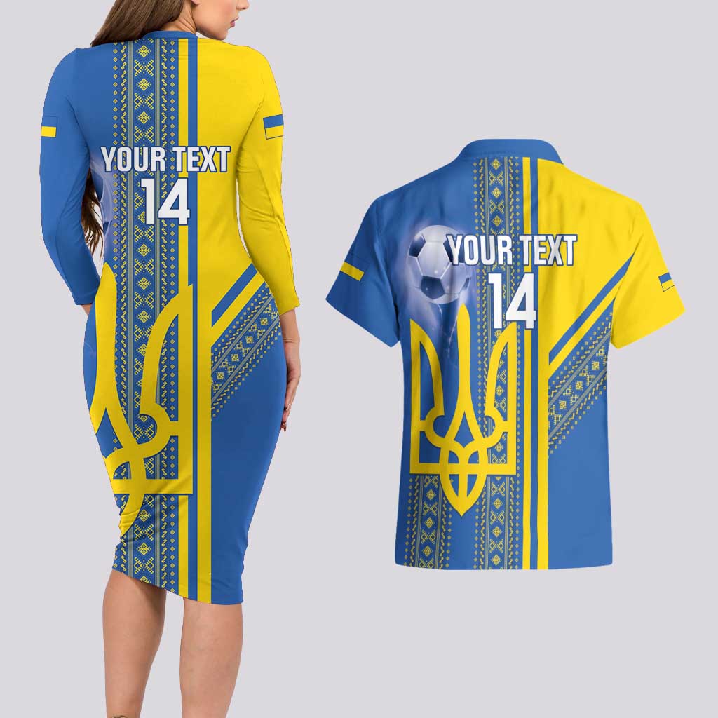 Custom Ukraine Football Couples Matching Long Sleeve Bodycon Dress and Hawaiian Shirt Go Blue And Yellow Folk Pattern