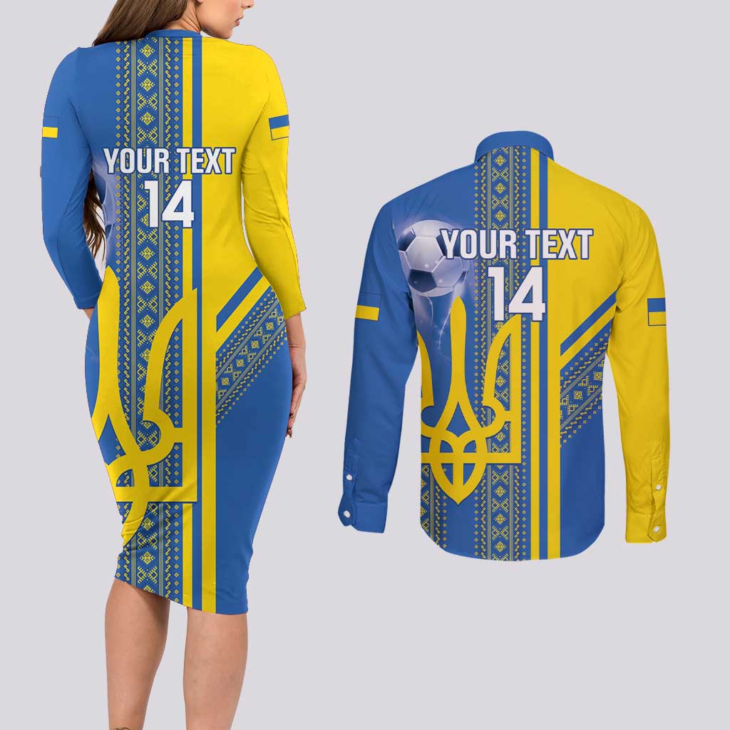 Custom Ukraine Football Couples Matching Long Sleeve Bodycon Dress and Long Sleeve Button Shirt Go Blue And Yellow Folk Pattern