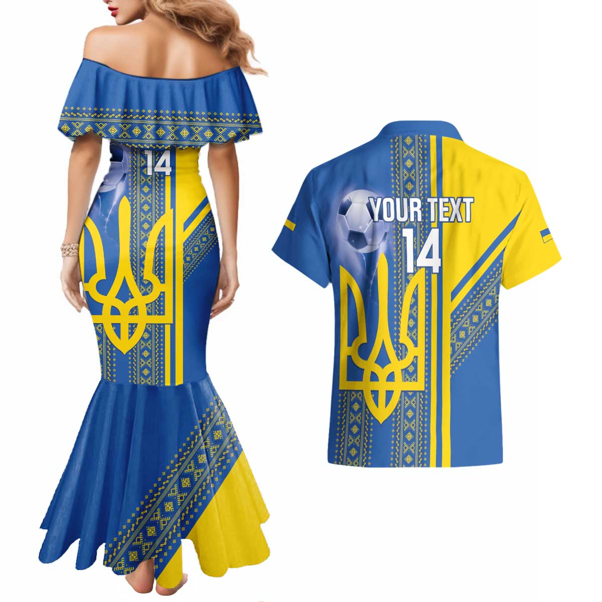 Custom Ukraine Football Couples Matching Mermaid Dress and Hawaiian Shirt Go Blue And Yellow Folk Pattern