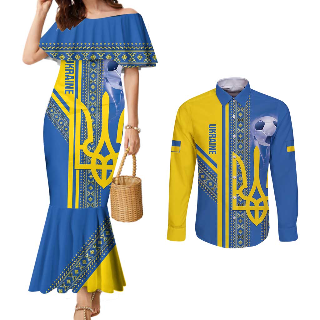 Custom Ukraine Football Couples Matching Mermaid Dress and Long Sleeve Button Shirt Go Blue And Yellow Folk Pattern