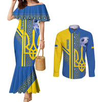 Custom Ukraine Football Couples Matching Mermaid Dress and Long Sleeve Button Shirt Go Blue And Yellow Folk Pattern