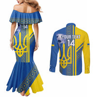 Custom Ukraine Football Couples Matching Mermaid Dress and Long Sleeve Button Shirt Go Blue And Yellow Folk Pattern
