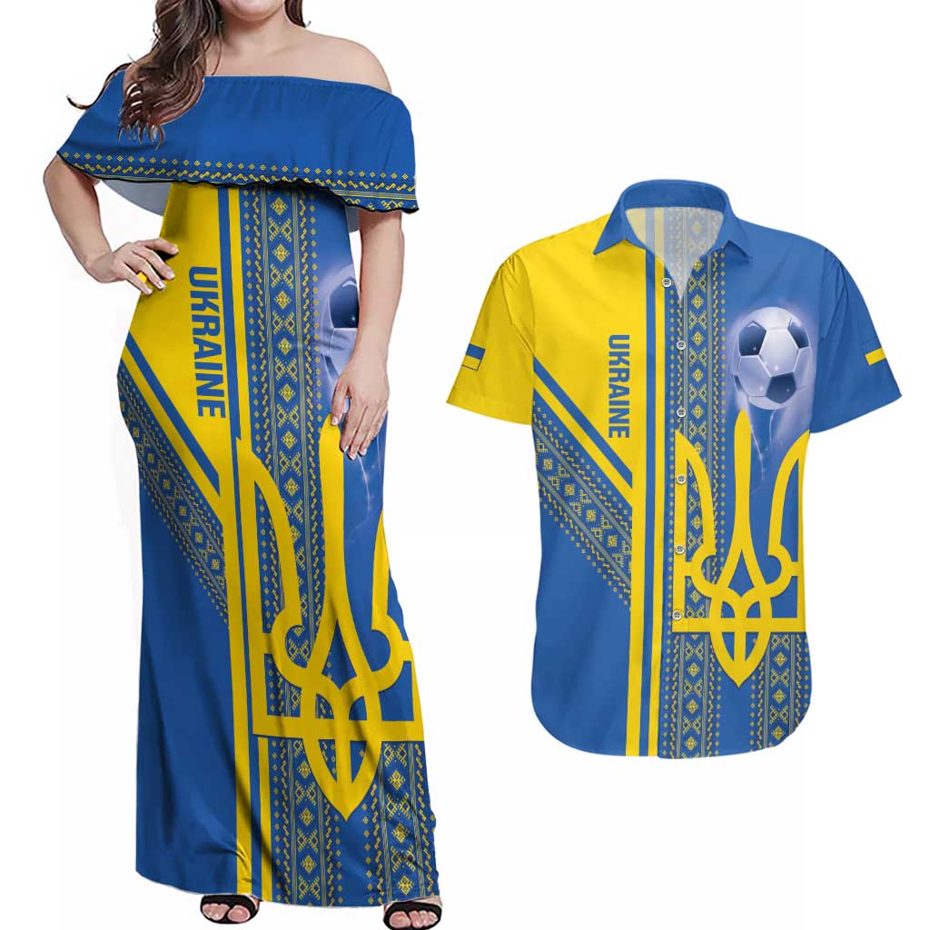 Custom Ukraine Football Couples Matching Off Shoulder Maxi Dress and Hawaiian Shirt Go Blue And Yellow Folk Pattern