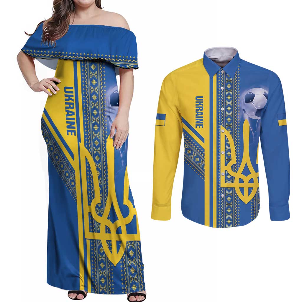 Custom Ukraine Football Couples Matching Off Shoulder Maxi Dress and Long Sleeve Button Shirt Go Blue And Yellow Folk Pattern
