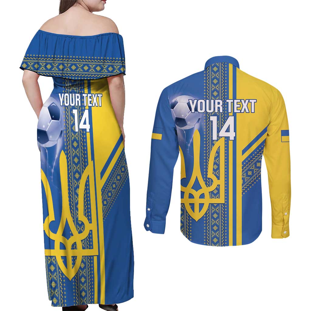 Custom Ukraine Football Couples Matching Off Shoulder Maxi Dress and Long Sleeve Button Shirt Go Blue And Yellow Folk Pattern