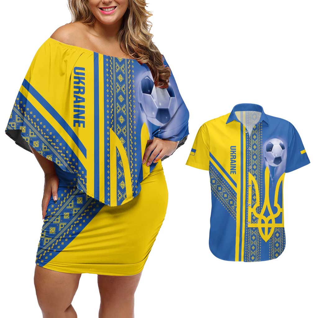 Custom Ukraine Football Couples Matching Off Shoulder Short Dress and Hawaiian Shirt Go Blue And Yellow Folk Pattern
