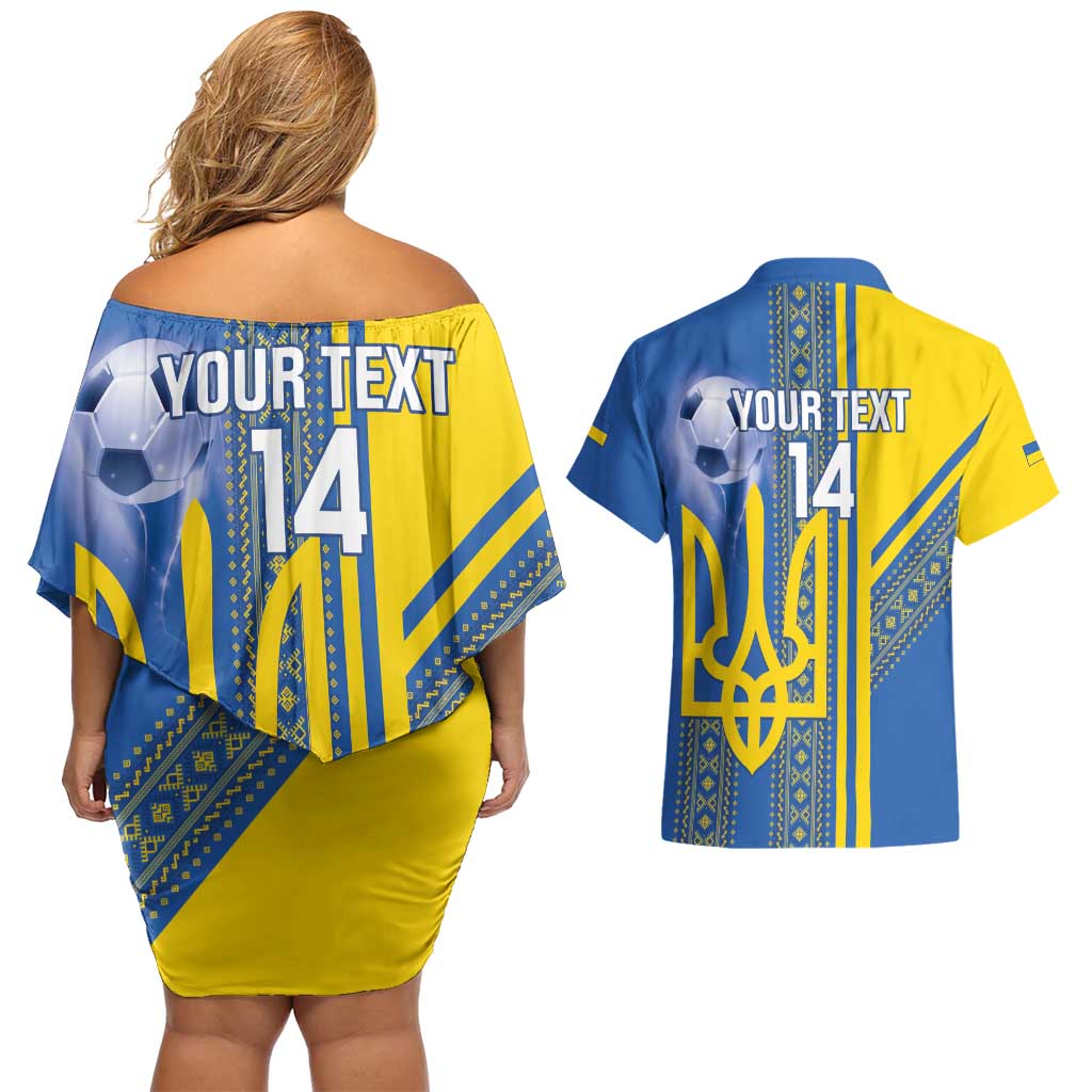 Custom Ukraine Football Couples Matching Off Shoulder Short Dress and Hawaiian Shirt Go Blue And Yellow Folk Pattern