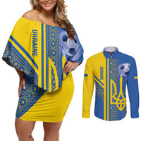 Custom Ukraine Football Couples Matching Off Shoulder Short Dress and Long Sleeve Button Shirt Go Blue And Yellow Folk Pattern