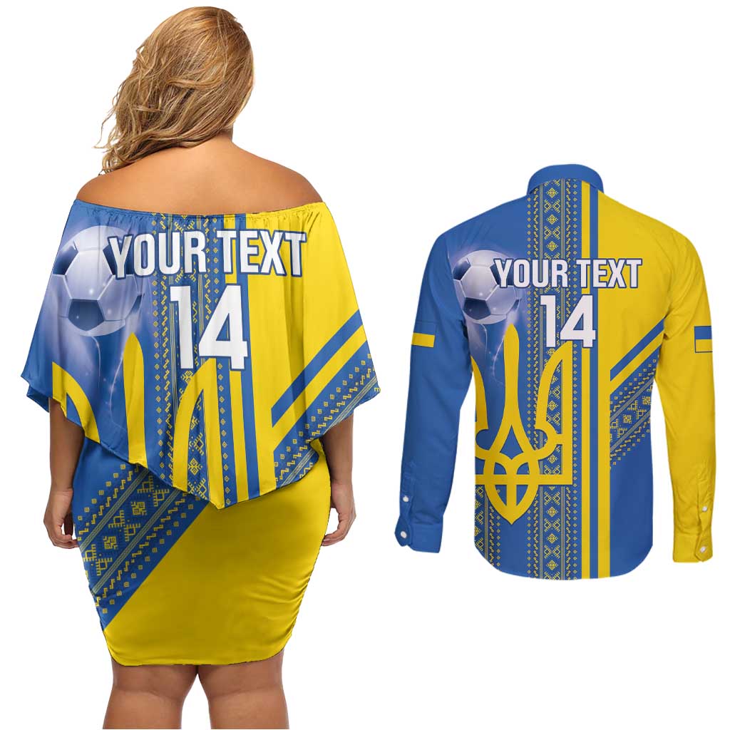 Custom Ukraine Football Couples Matching Off Shoulder Short Dress and Long Sleeve Button Shirt Go Blue And Yellow Folk Pattern