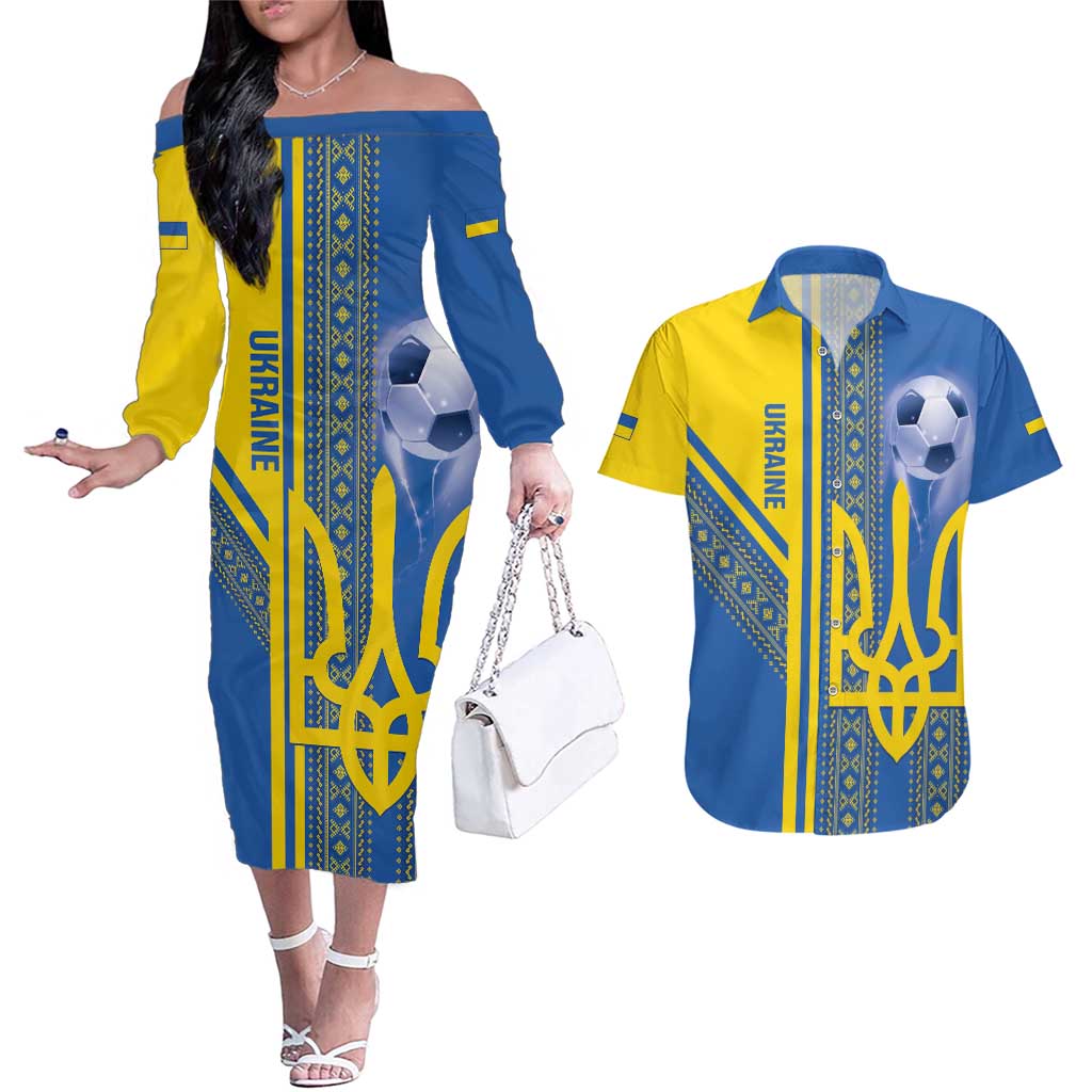 Custom Ukraine Football Couples Matching Off The Shoulder Long Sleeve Dress and Hawaiian Shirt Go Blue And Yellow Folk Pattern