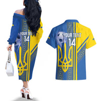 Custom Ukraine Football Couples Matching Off The Shoulder Long Sleeve Dress and Hawaiian Shirt Go Blue And Yellow Folk Pattern