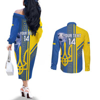 Custom Ukraine Football Couples Matching Off The Shoulder Long Sleeve Dress and Long Sleeve Button Shirt Go Blue And Yellow Folk Pattern