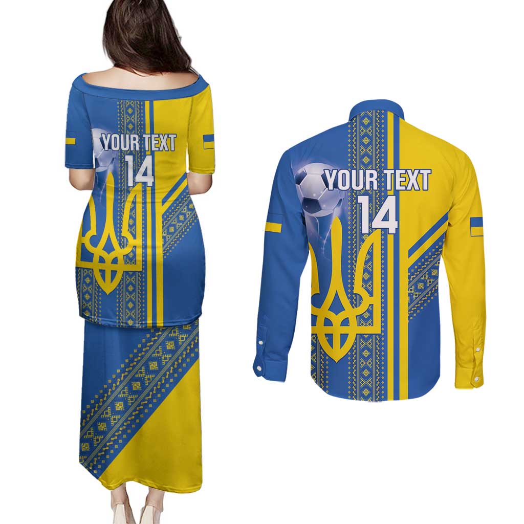 Custom Ukraine Football Couples Matching Puletasi and Long Sleeve Button Shirt Go Blue And Yellow Folk Pattern