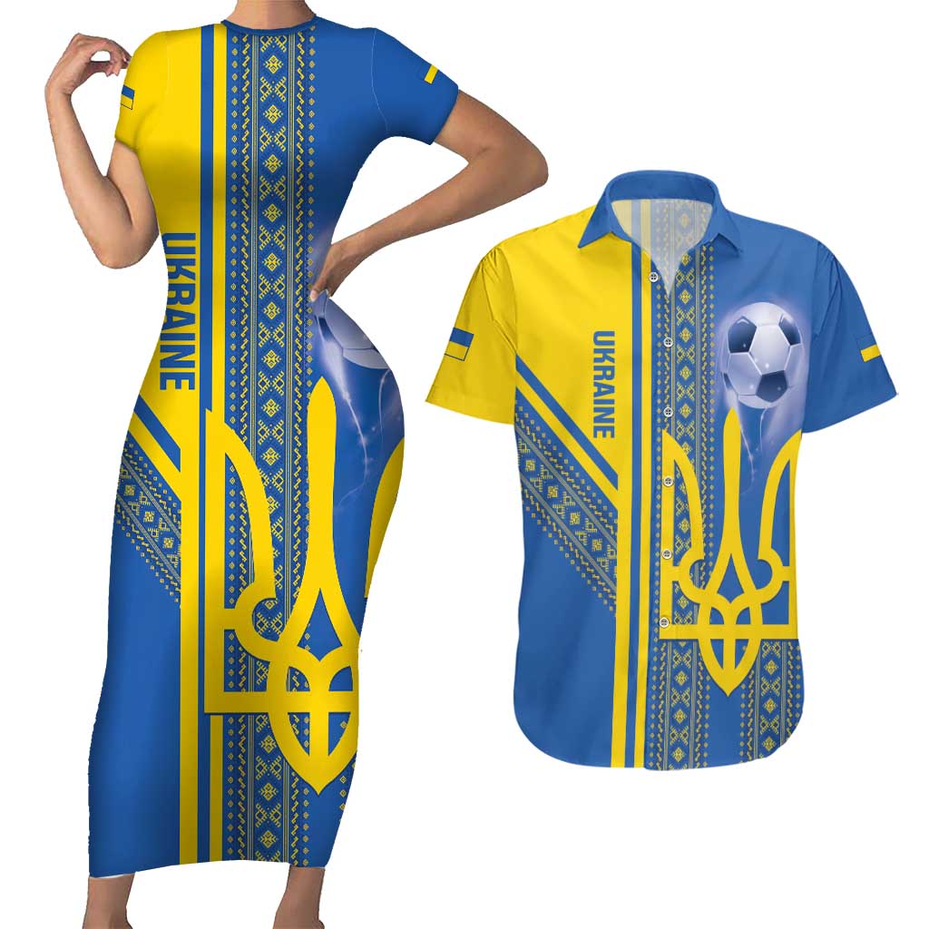 Custom Ukraine Football Couples Matching Short Sleeve Bodycon Dress and Hawaiian Shirt Go Blue And Yellow Folk Pattern