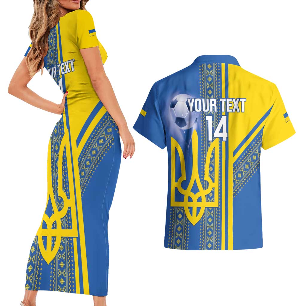 Custom Ukraine Football Couples Matching Short Sleeve Bodycon Dress and Hawaiian Shirt Go Blue And Yellow Folk Pattern