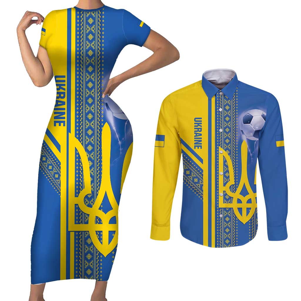 Custom Ukraine Football Couples Matching Short Sleeve Bodycon Dress and Long Sleeve Button Shirt Go Blue And Yellow Folk Pattern