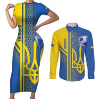Custom Ukraine Football Couples Matching Short Sleeve Bodycon Dress and Long Sleeve Button Shirt Go Blue And Yellow Folk Pattern