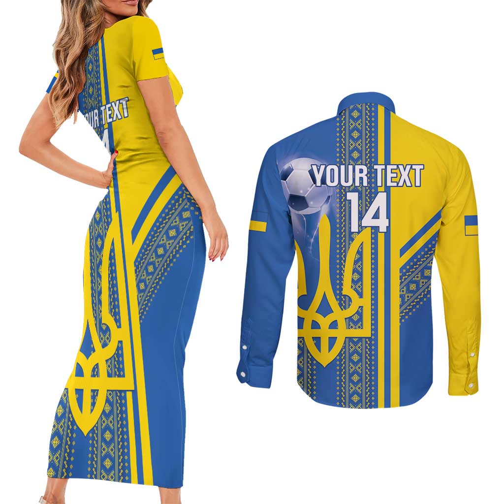 Custom Ukraine Football Couples Matching Short Sleeve Bodycon Dress and Long Sleeve Button Shirt Go Blue And Yellow Folk Pattern