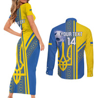 Custom Ukraine Football Couples Matching Short Sleeve Bodycon Dress and Long Sleeve Button Shirt Go Blue And Yellow Folk Pattern