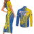 Custom Ukraine Football Couples Matching Short Sleeve Bodycon Dress and Long Sleeve Button Shirt Go Blue And Yellow Folk Pattern