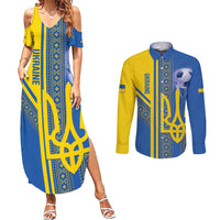 Custom Ukraine Football Couples Matching Summer Maxi Dress and Long Sleeve Button Shirt Go Blue And Yellow Folk Pattern