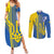 Custom Ukraine Football Couples Matching Summer Maxi Dress and Long Sleeve Button Shirt Go Blue And Yellow Folk Pattern