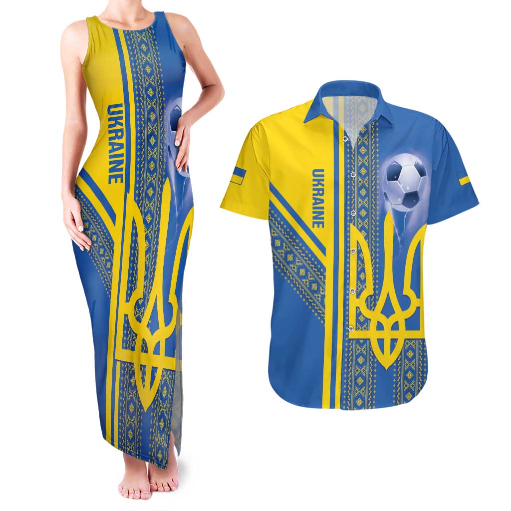 Custom Ukraine Football Couples Matching Tank Maxi Dress and Hawaiian Shirt Go Blue And Yellow Folk Pattern