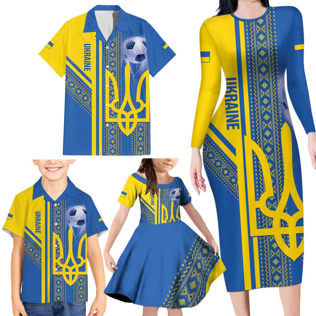Custom Ukraine Football Family Matching Long Sleeve Bodycon Dress and Hawaiian Shirt Go Blue And Yellow Folk Pattern