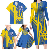 Custom Ukraine Football Family Matching Long Sleeve Bodycon Dress and Hawaiian Shirt Go Blue And Yellow Folk Pattern