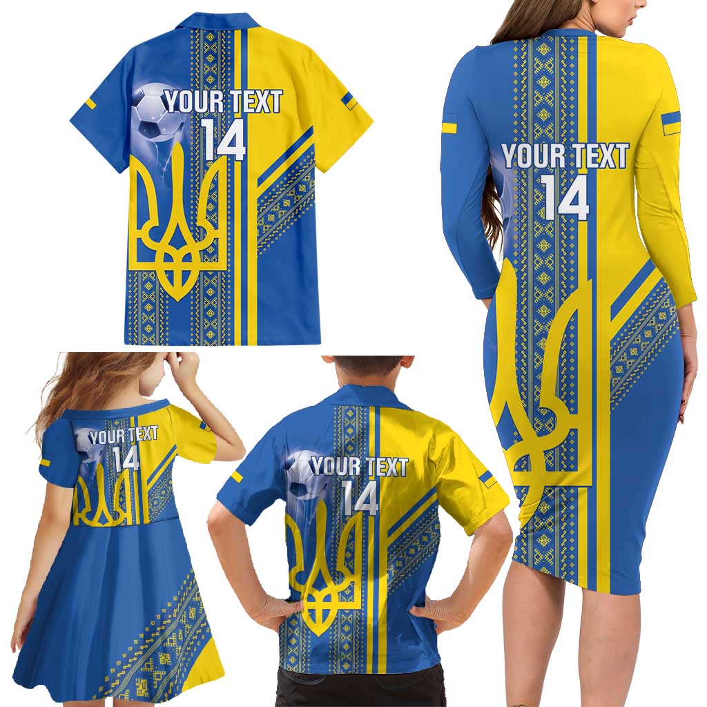 Custom Ukraine Football Family Matching Long Sleeve Bodycon Dress and Hawaiian Shirt Go Blue And Yellow Folk Pattern