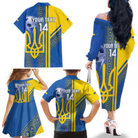 Custom Ukraine Football Family Matching Off The Shoulder Long Sleeve Dress and Hawaiian Shirt Go Blue And Yellow Folk Pattern