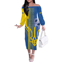 Custom Ukraine Football Family Matching Off The Shoulder Long Sleeve Dress and Hawaiian Shirt Go Blue And Yellow Folk Pattern