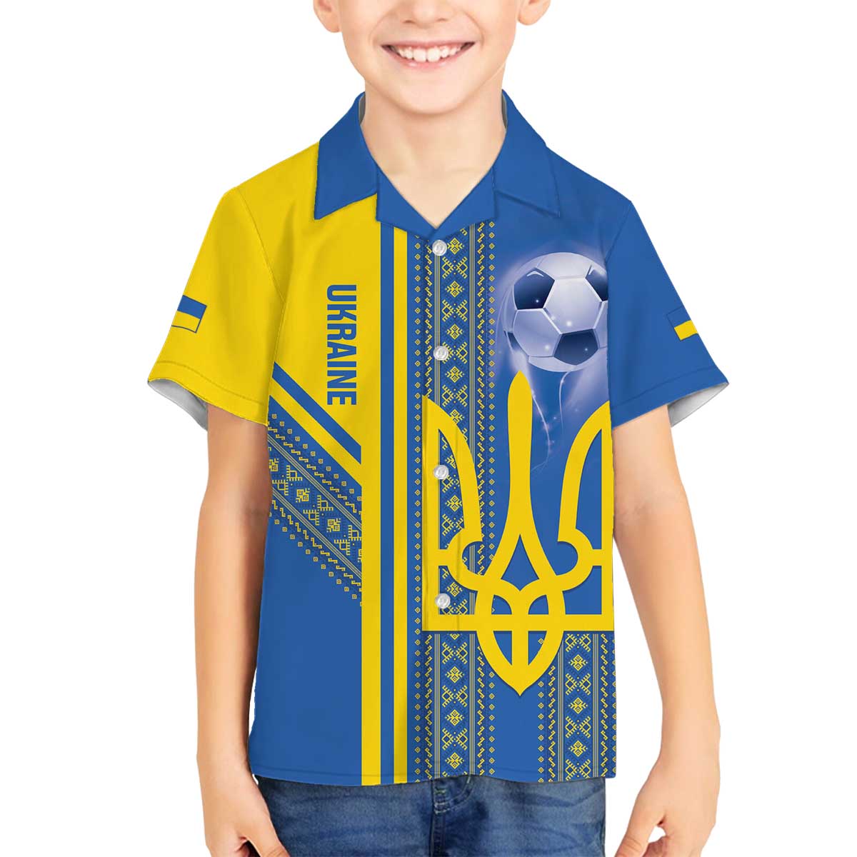 Custom Ukraine Football Family Matching Off The Shoulder Long Sleeve Dress and Hawaiian Shirt Go Blue And Yellow Folk Pattern