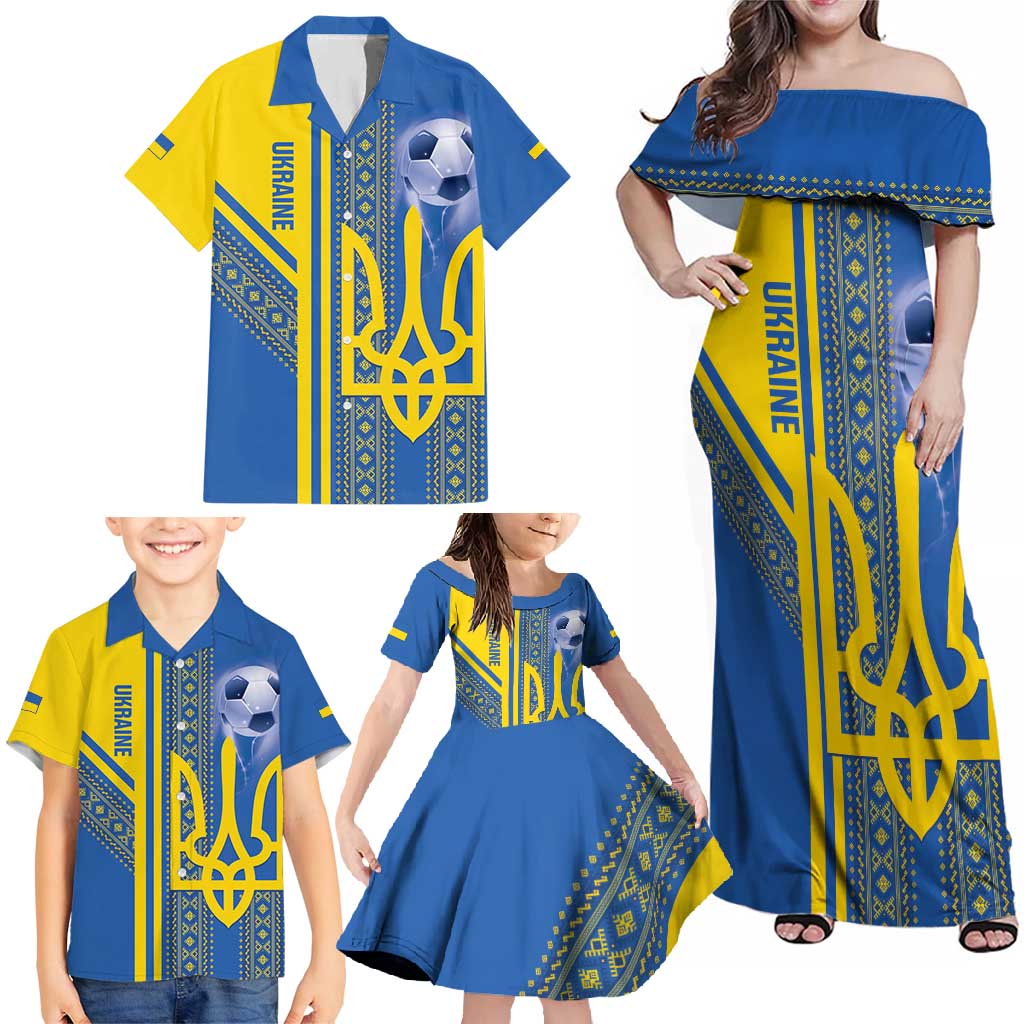 Custom Ukraine Football Family Matching Off Shoulder Maxi Dress and Hawaiian Shirt Go Blue And Yellow Folk Pattern