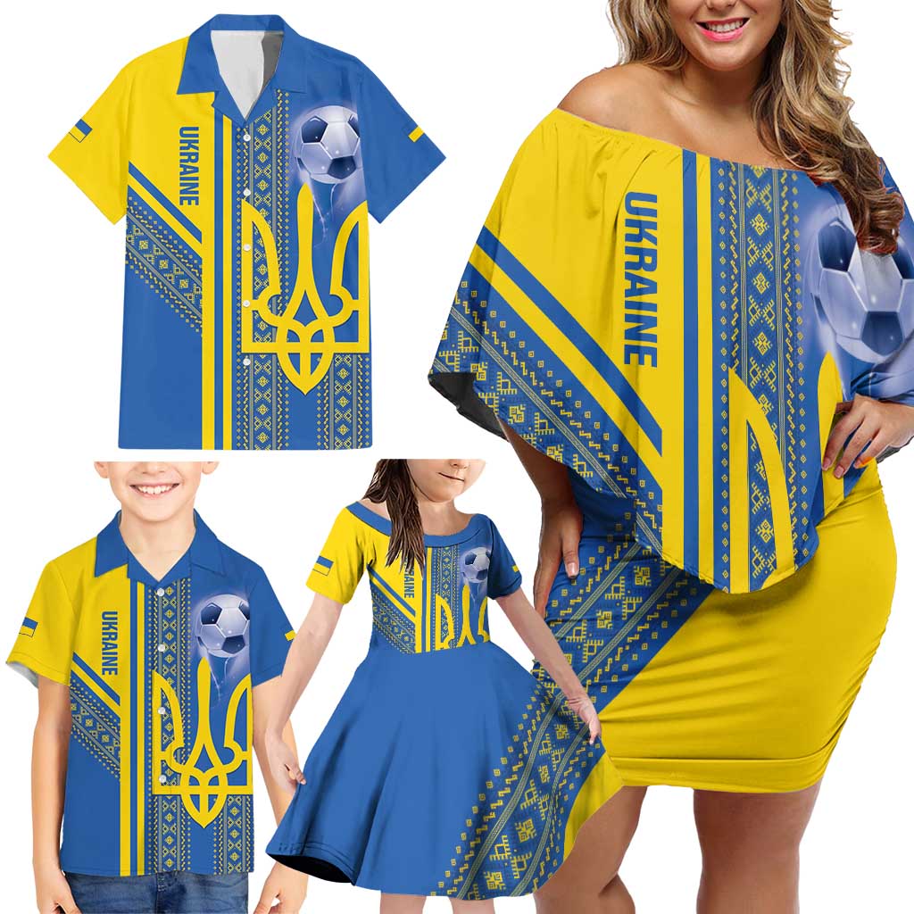 Custom Ukraine Football Family Matching Off Shoulder Short Dress and Hawaiian Shirt Go Blue And Yellow Folk Pattern