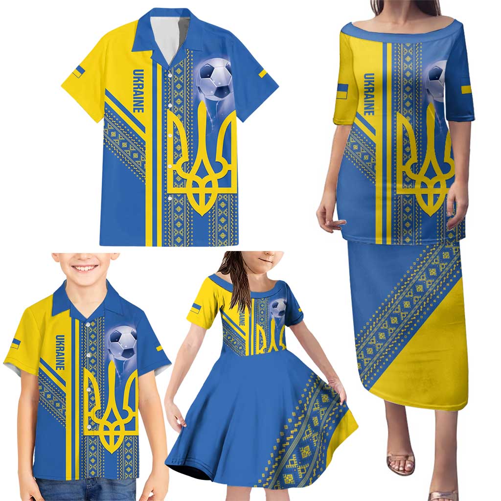 Custom Ukraine Football Family Matching Puletasi and Hawaiian Shirt Go Blue And Yellow Folk Pattern